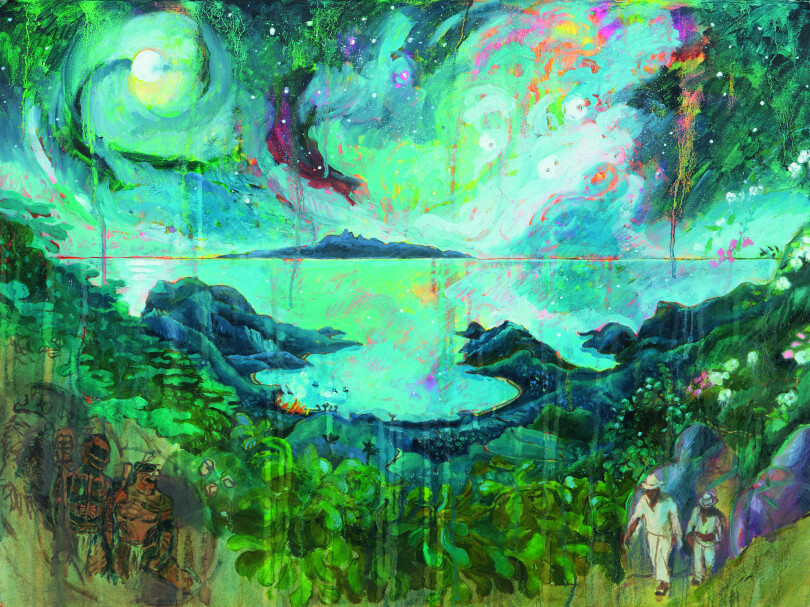 Ici, le peintre imagine l’arrivée de Melville et de son coéquipier Toby à Nuku Hiva, dans la vallée de Taïpi habitée par la tribu du même nom.